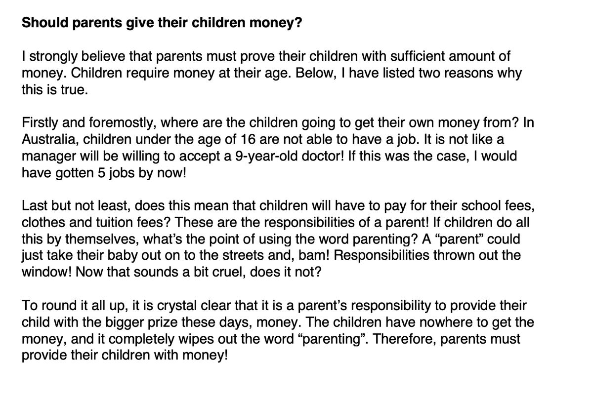 Student writing sample